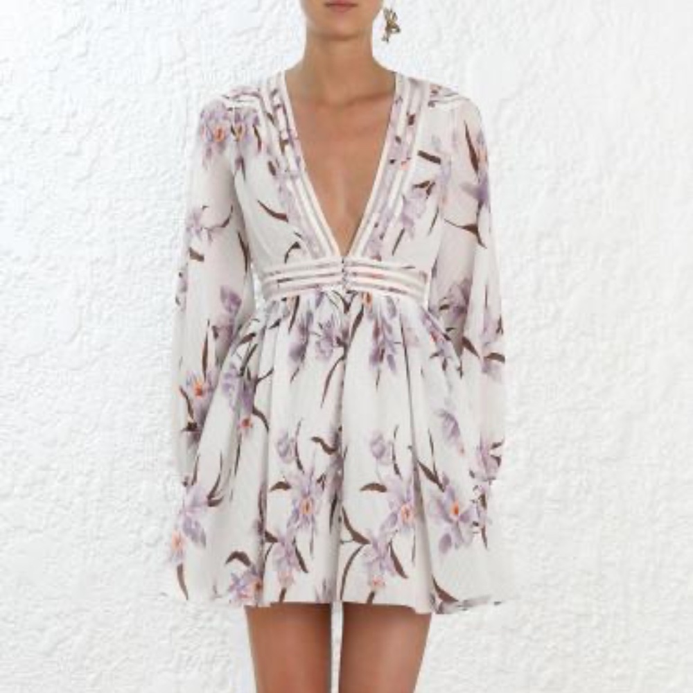 ZIMMERMANN CORSAGE PLISSE MINI DRESS PURPLE FLORAL